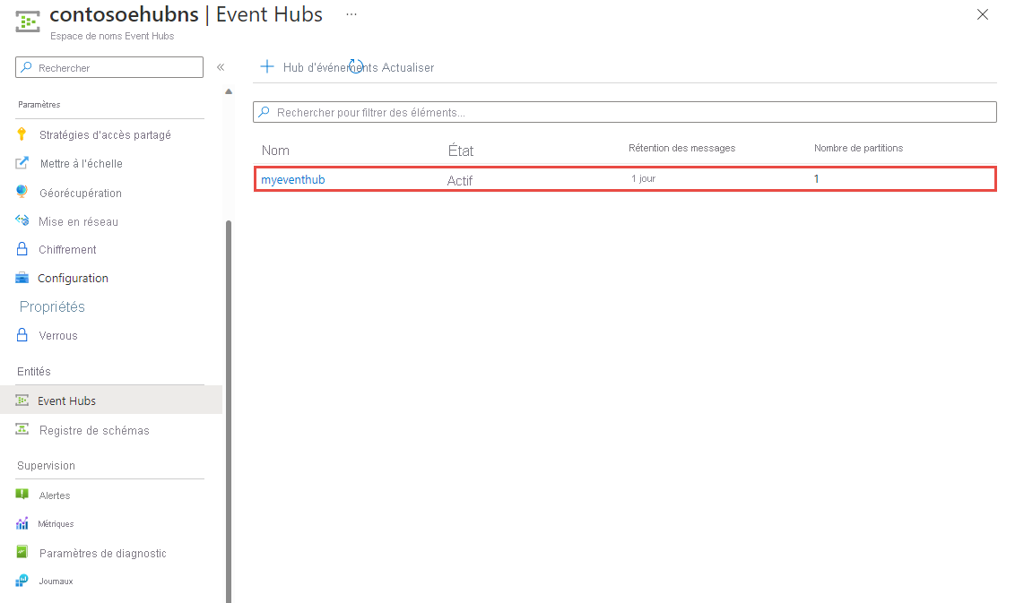 Capture d’écran montrant la liste des Event Hubs.