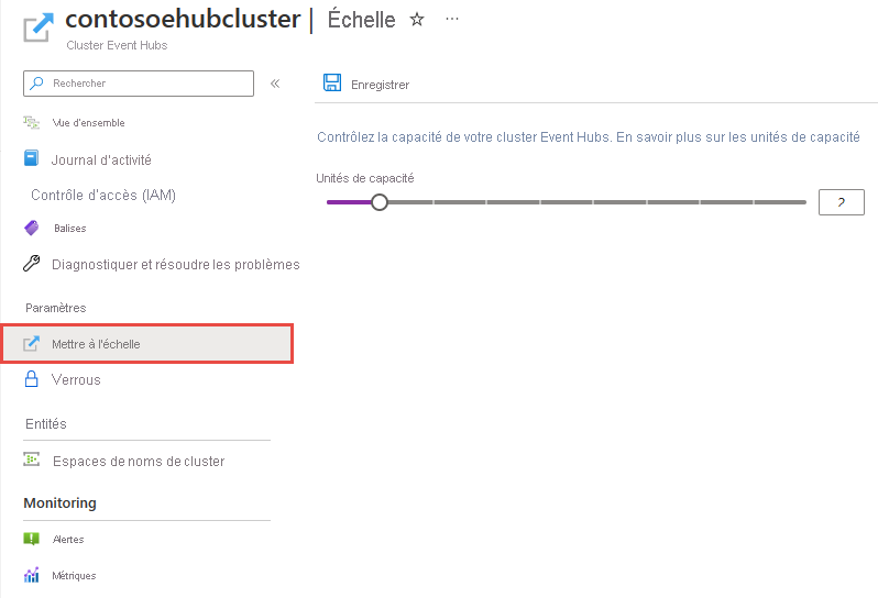 Capture d’écran montrant l’onglet Mettre à l’échelle de la page du cluster Event Hubs.