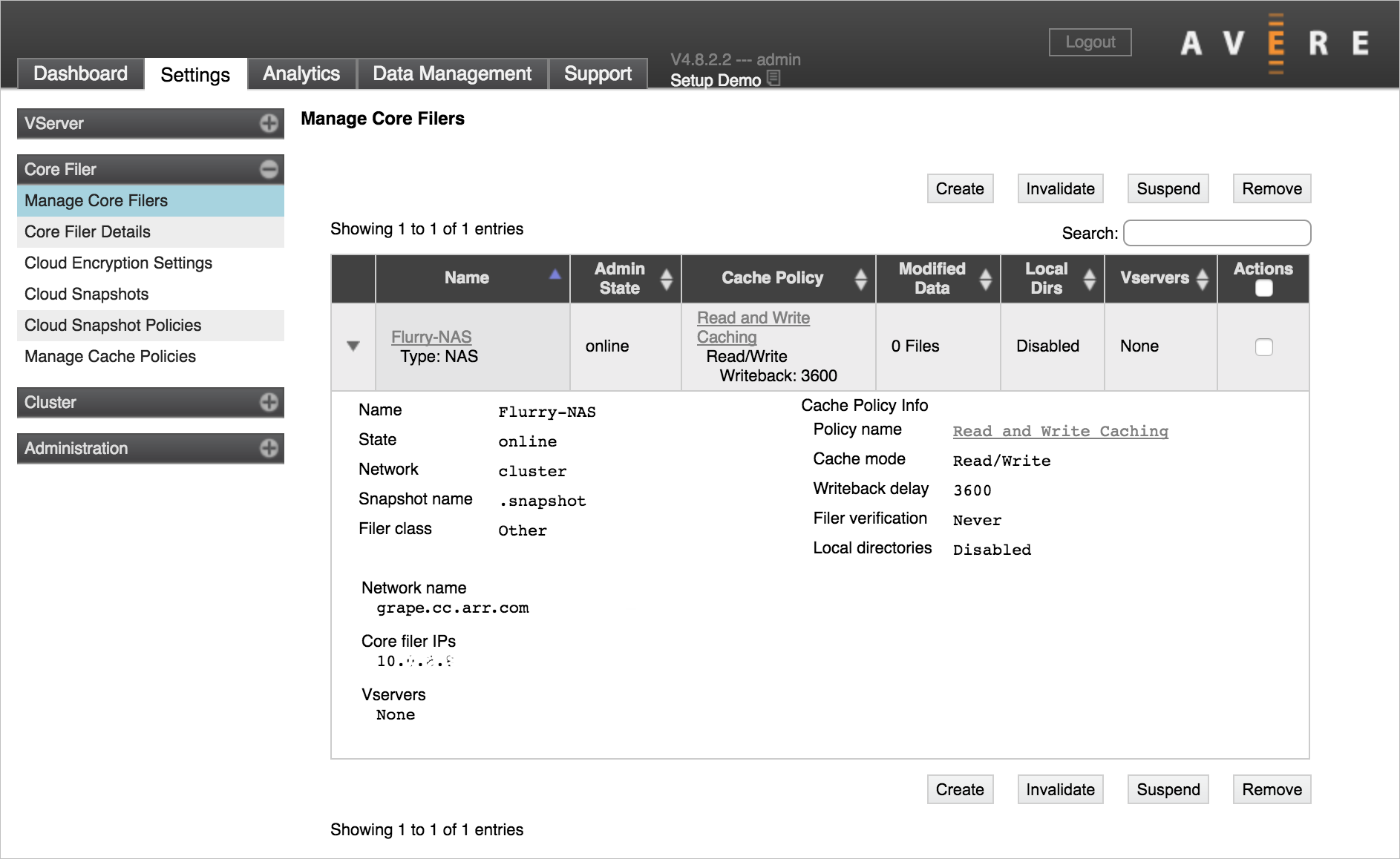Core filer « Flurry-NAS » dans la page de paramètres Manage Core Filers, avec la vue des détails du core filer développée