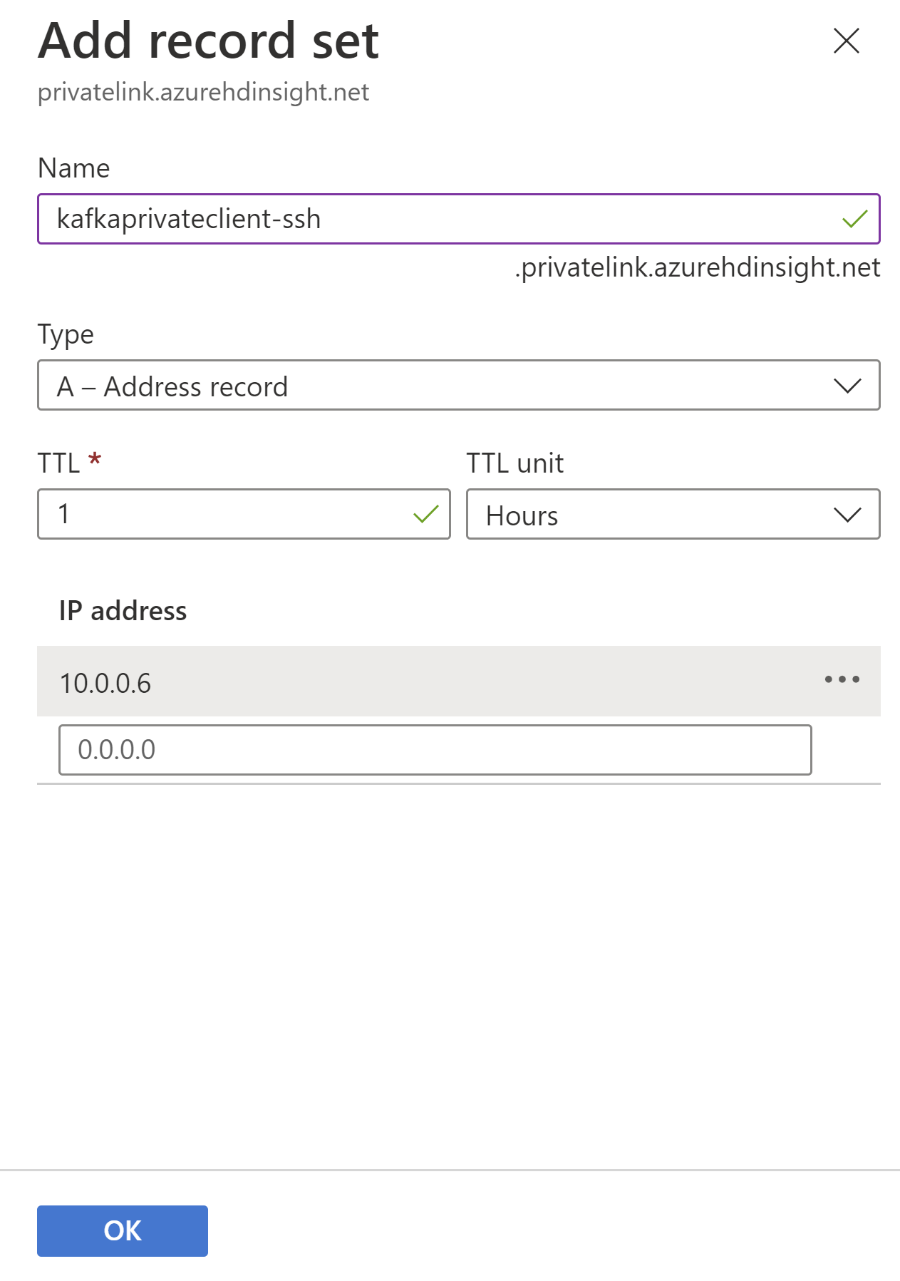 Diagramme de l’enregistrement d’ajout de zone dns private link.