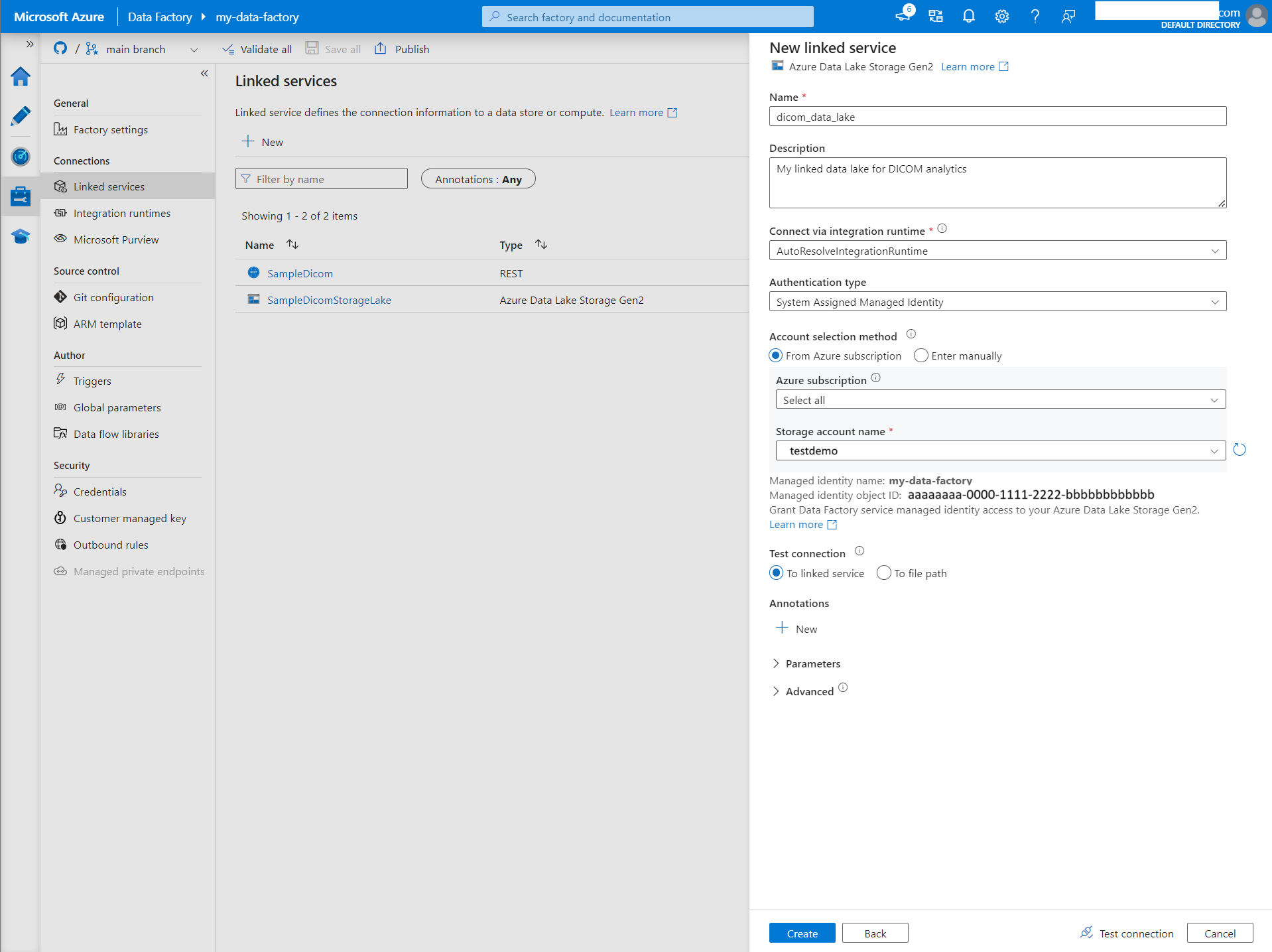 Capture d’écran montrant le volet Nouveau service lié avec les détails de Data Lake Storage Gen2.