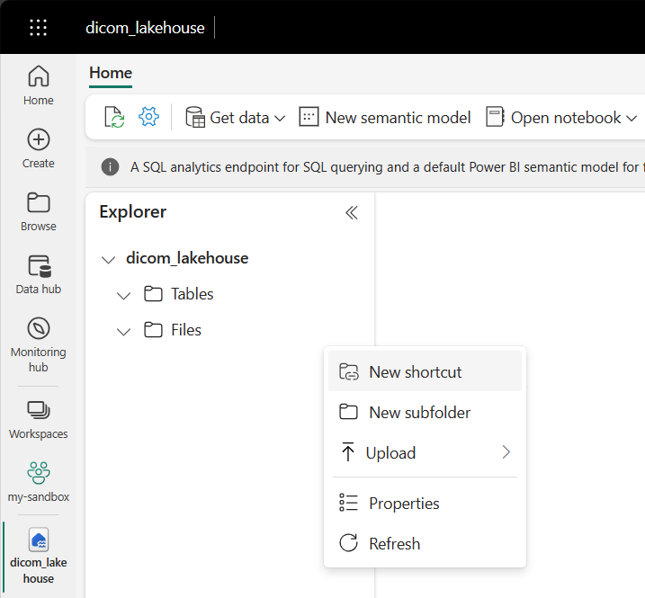 Capture d’écran montrant l’option Nouveau raccourci du menu Fichiers dans la vue Explorateur.