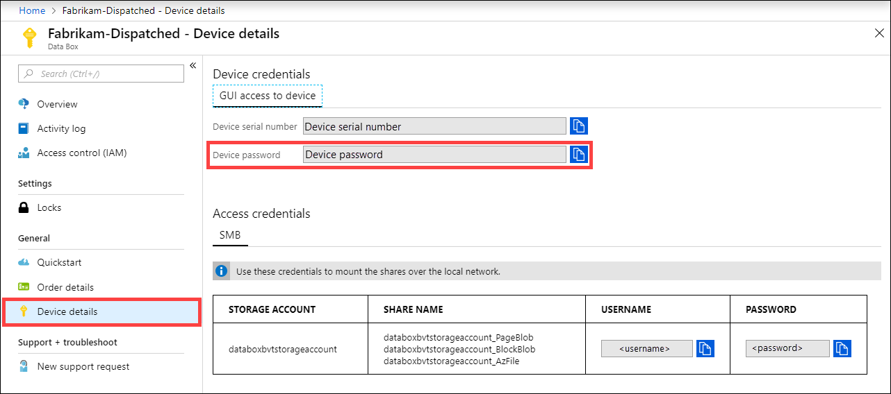 Capture d’écran des détails d’un appareil Data Box dans le portail Azure. L’élément de menu Détails de l’appareil et l’option Mot de passe de l’appareil sont mis en surbrillance.