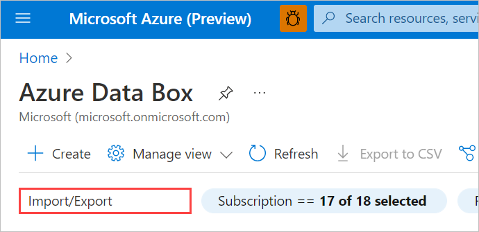 Capture d’écran montrant comment filtrer les ressources Data Box dans le portail Azure en vue d’afficher les tâches d’importation/exportation. La zone de recherche est mise en évidence.