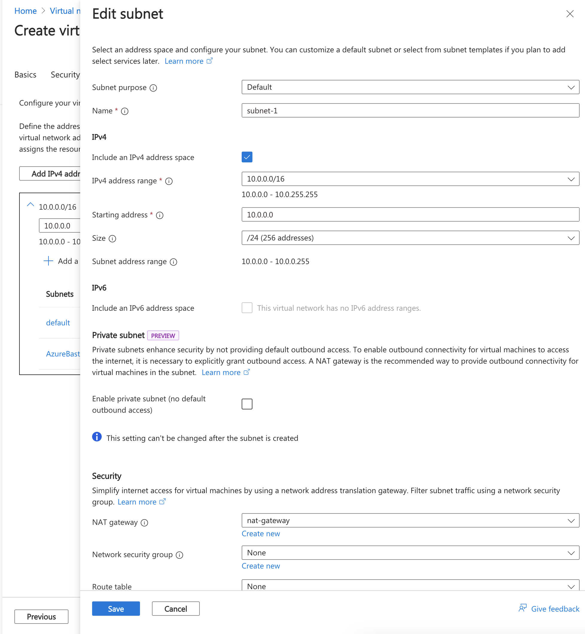 Capture d’écran de la configuration et du renommage d’un sous-réseau par défaut.