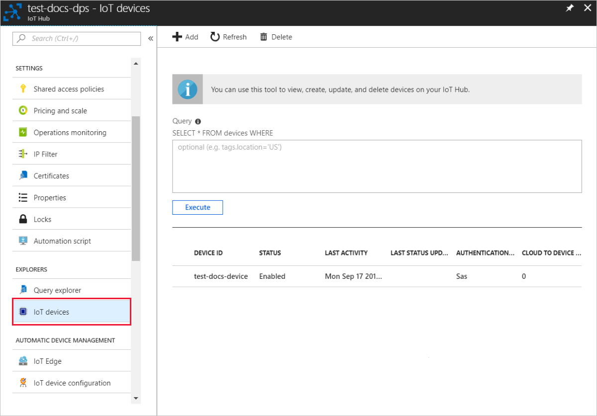 L’appareil est inscrit auprès du hub IoT pour Node.js