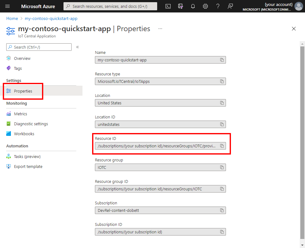 Récupérez l’ID de ressource dans les propriétés IoT Central.