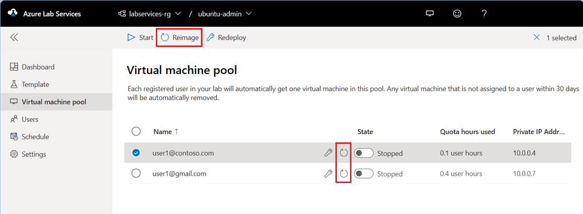 Screenshot of virtual machine pool. Reimage button is highlighted.