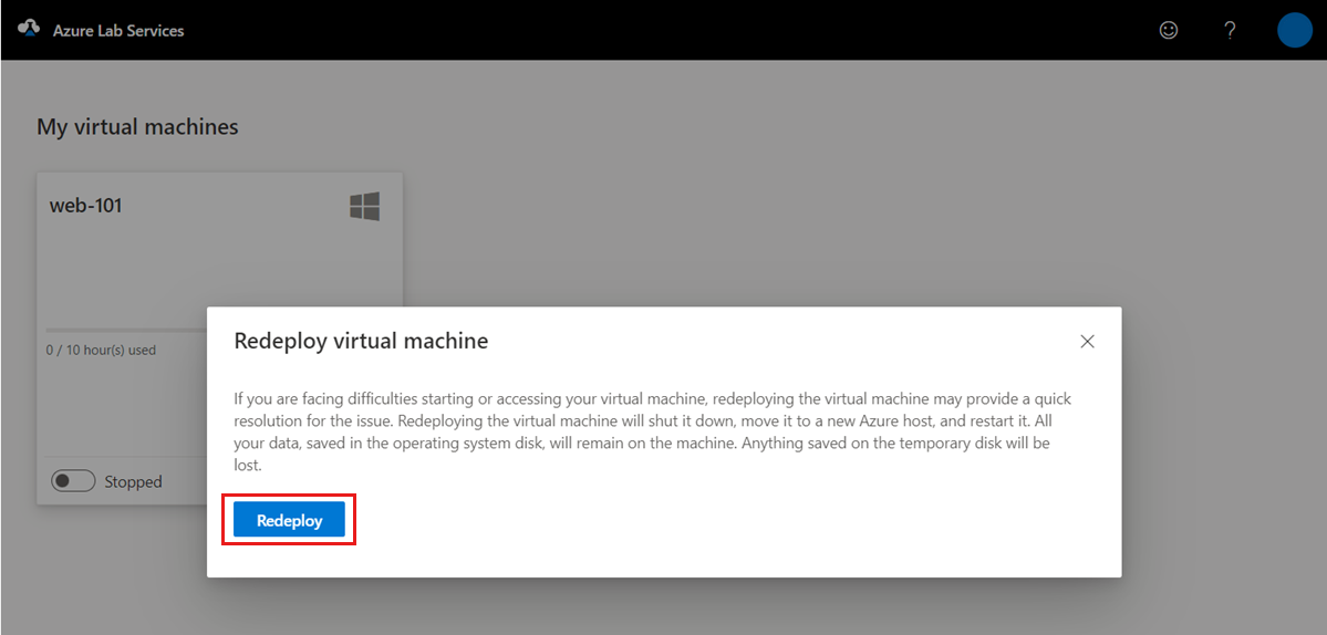 Capture d’écran montrant la boîte de dialogue de confirmation du redéploiement d’une seule machine virtuelle dans le portail web Lab Services.