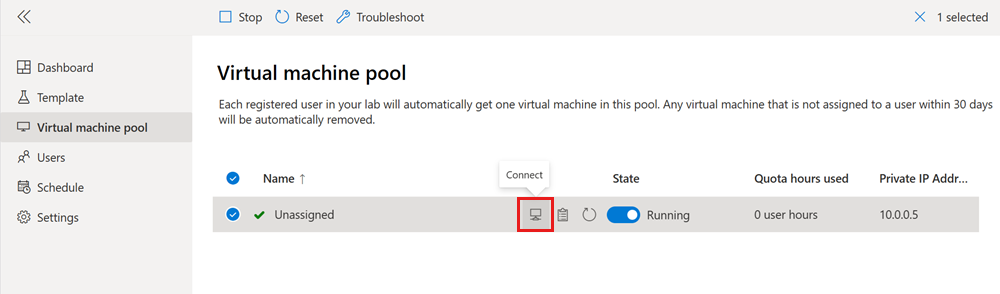Capture d’écran montrant comment obtenir les détails de connexion de la machine virtuelle du labo dans la liste des machines virtuelles.