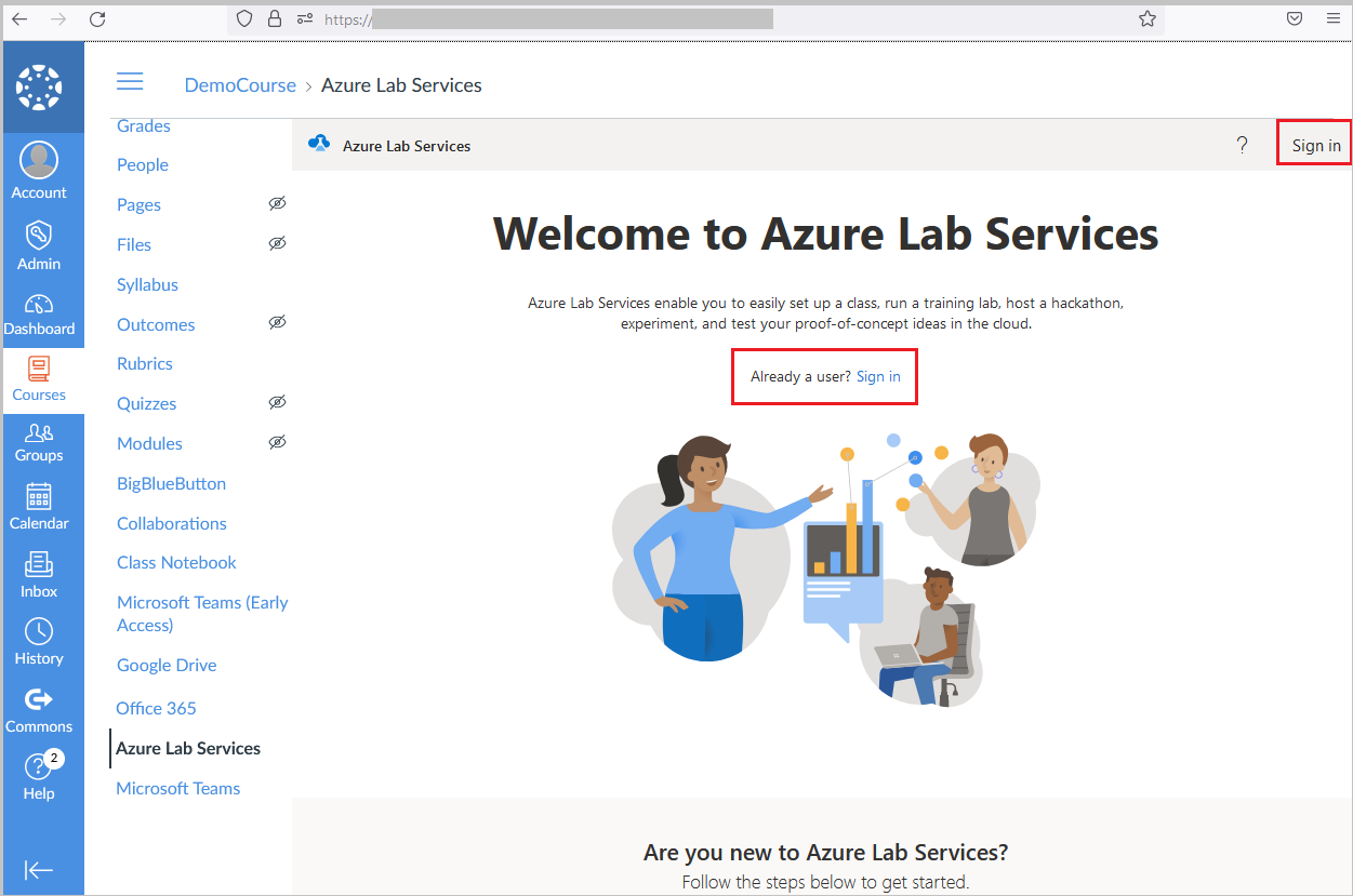 Écran de connexion Azure Lab Services.