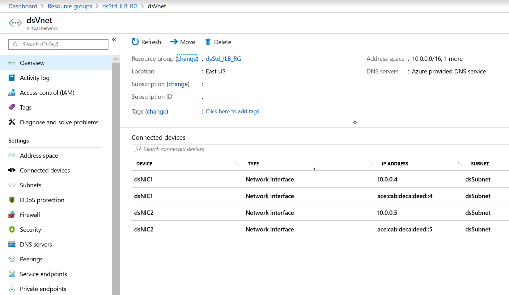 Réseau virtuel double pile IPv6 avec Standard Load Balancer interne