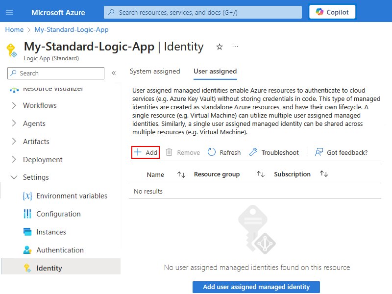 Capture d’écran montrant l’application logique Standard et la page Identité avec l’option Ajouter sélectionnée.