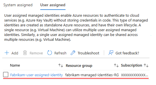Capture d’écran montrant l’application logique Standard et l’identité affectée par l’utilisateur associée.
