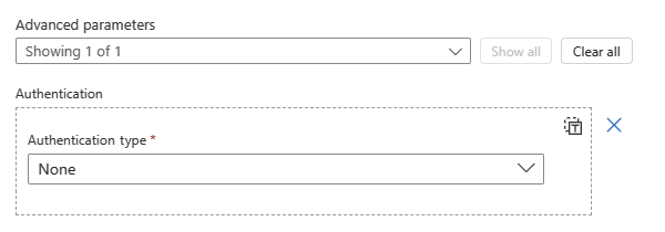 Capture d’écran montrant la section des paramètres avancés avec la propriété Authentification et la liste Type d’authentification ajoutées.
