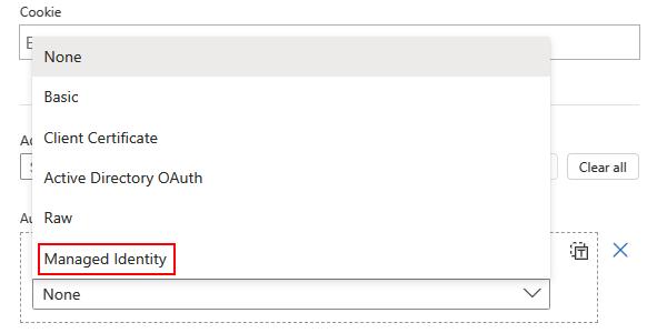 Capture d’écran montrant le flux de travail de Consommation avec l’action intégrée, la liste Type d’authentification ouverte, et l’option Identité managée sélectionnée.