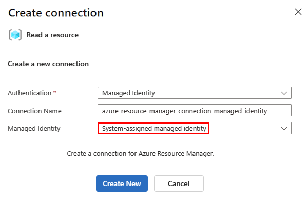 Capture d’écran montrant le flux de travail de Consommation et l’action Azure Resource Manager avec le nom de connexion entré et l’option Identité managée affectée par le système sélectionnée.