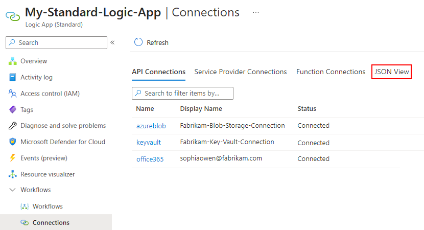 Capture d’écran montrant le Portail Azure, la ressource d’application logique Standard et le volet Connexions avec Vue JSON sélectionné.