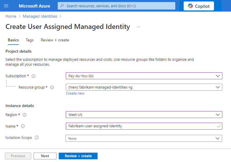 Capture d’écran montrant la page « Créer une identité managée affectée par l’utilisateur » avec les détails de l’identité managée.
