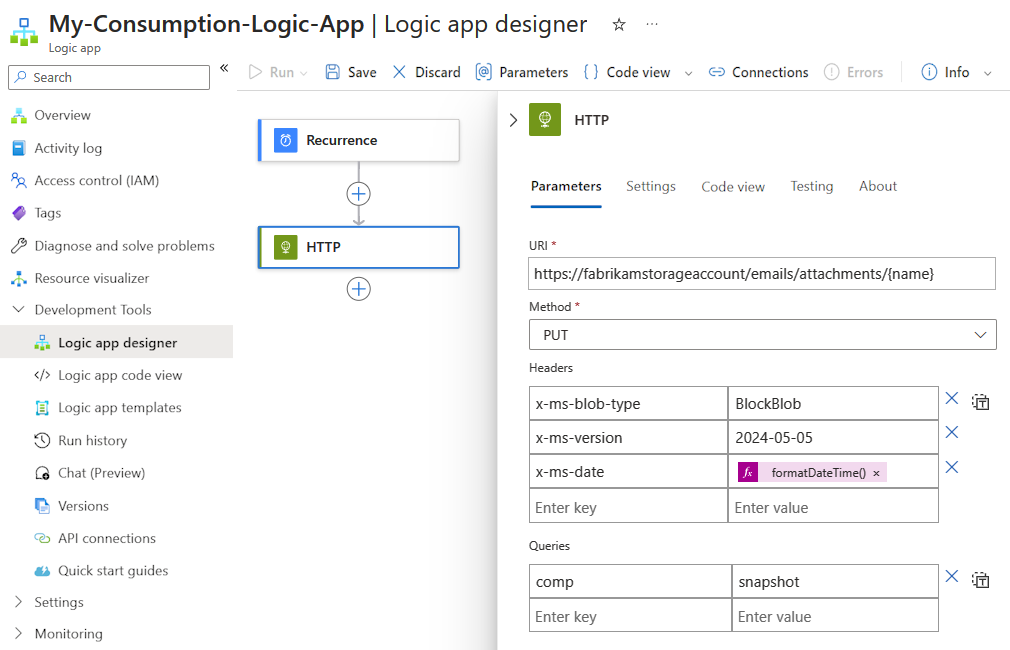 Capture d’écran montrant le Portail Azure, le flux de travail de Consommation et l’action HTTP configurée pour accéder aux ressources.