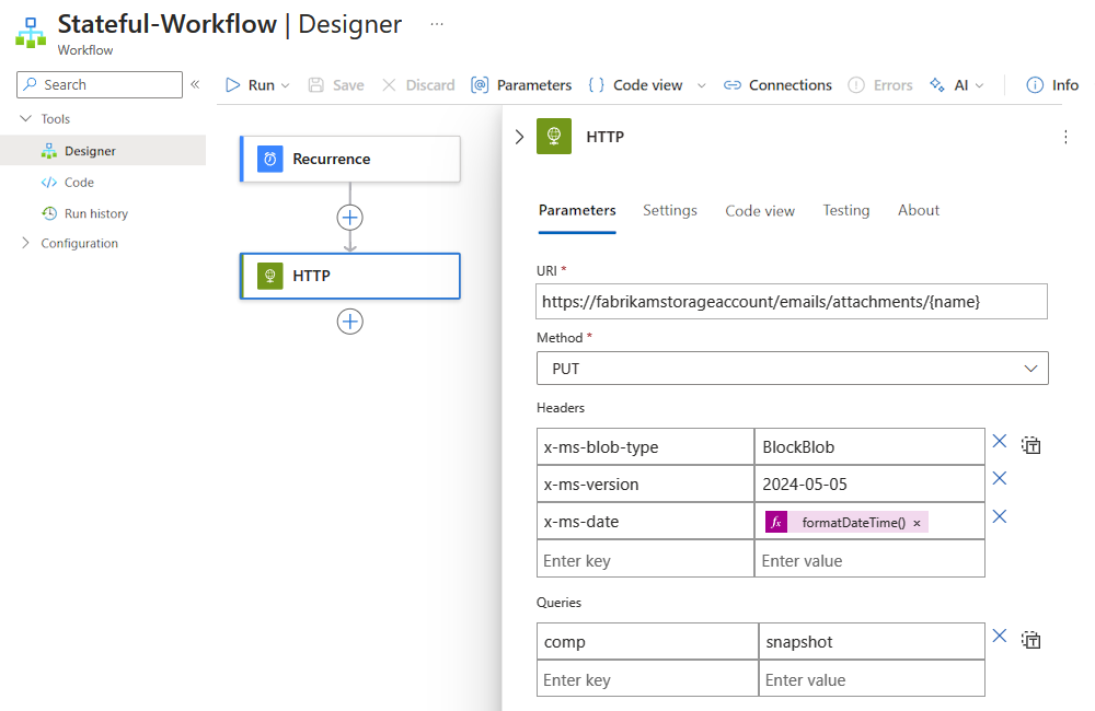 Capture d’écran montrant le Portail Azure, le flux de travail Standard et l’action HTTP configurée pour accéder aux ressources.