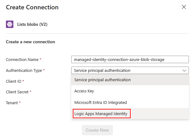 Capture d’écran montrant le flux de travail de Consommation avec la boîte de création de connexion et l’option Identité managée Logic Apps sélectionnée.