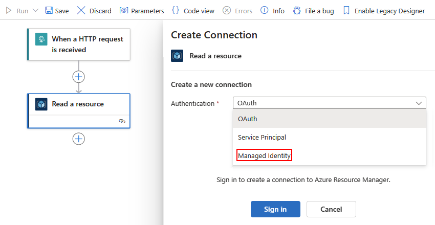 Capture d’écran montrant le flux de travail de Consommation avec l’action Azure Resource Manager et l’option Identité managée sélectionnée.