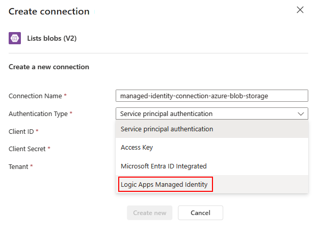 Capture d’écran montrant le flux de travail Standard, l’action Azure Resource Manager et l’option Identité managée sélectionnée.