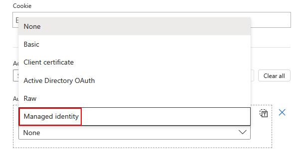 Capture d’écran montrant le flux de travail de Consommation, l’action HTTP et la propriété type d’authentification avec l’option Identité managée sélectionnée.