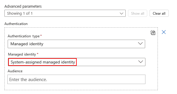 Capture d’écran montrant le flux de travail de Consommation, l’action HTTP et la propriété Identité managée avec l’option Identité managée affectée par le système sélectionnée.