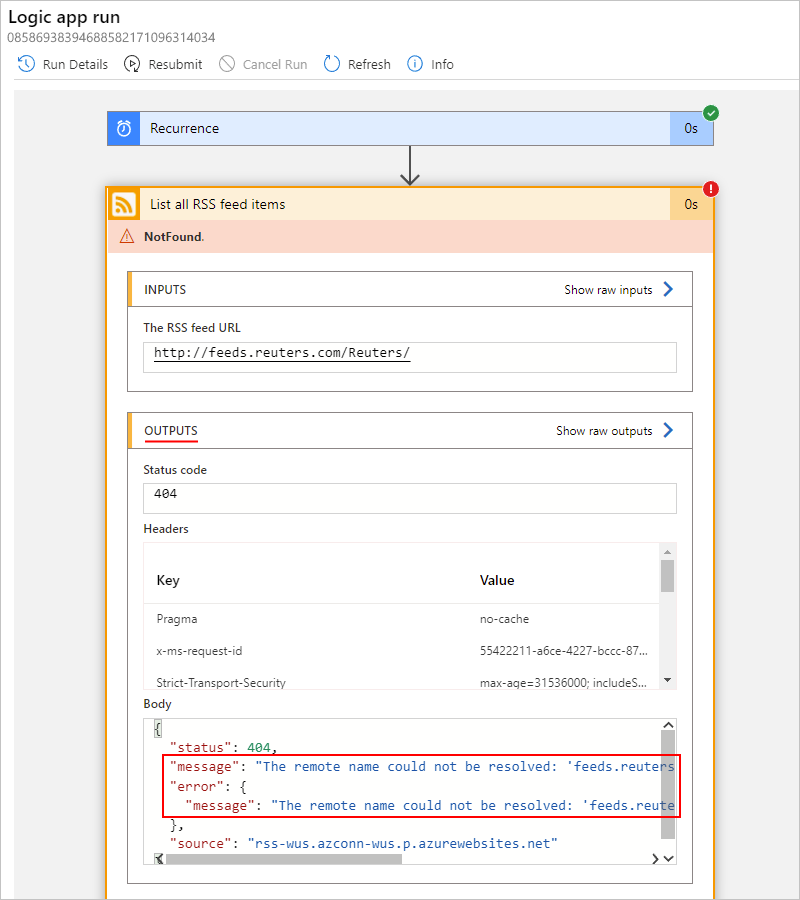 Capture d’écran montrant le workflow d’application logique Consommation avec les sorties d’une étape en échec.