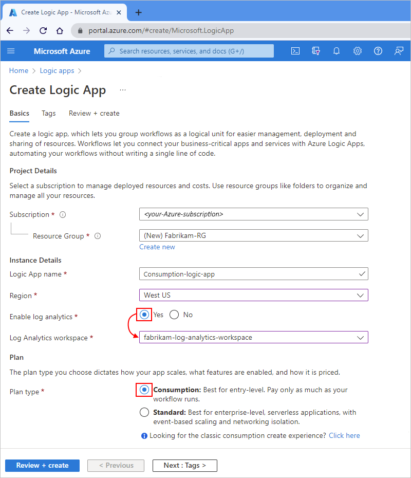 Capture d’écran montrant le portail Azure et la page de création d’applications logiques Consommation.