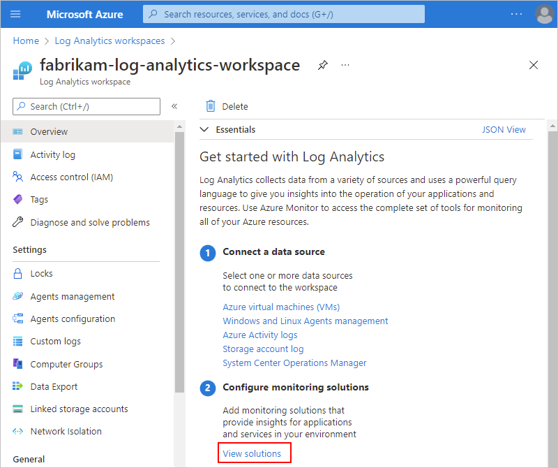 Capture d’écran montrant le portail Azure, la page Vue d’ensemble de l’espace de travail et Afficher les solutions sélectionné.