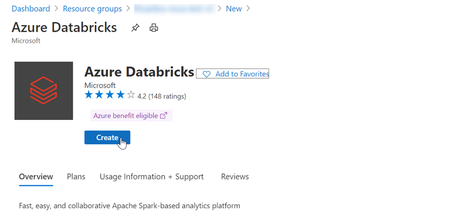 Capture d’écran montrant l’offre Azure Databricks avec le bouton Créer sélectionné.