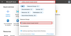 A screenshot showing how to search for and navigate to a resource group in the Azure portal.