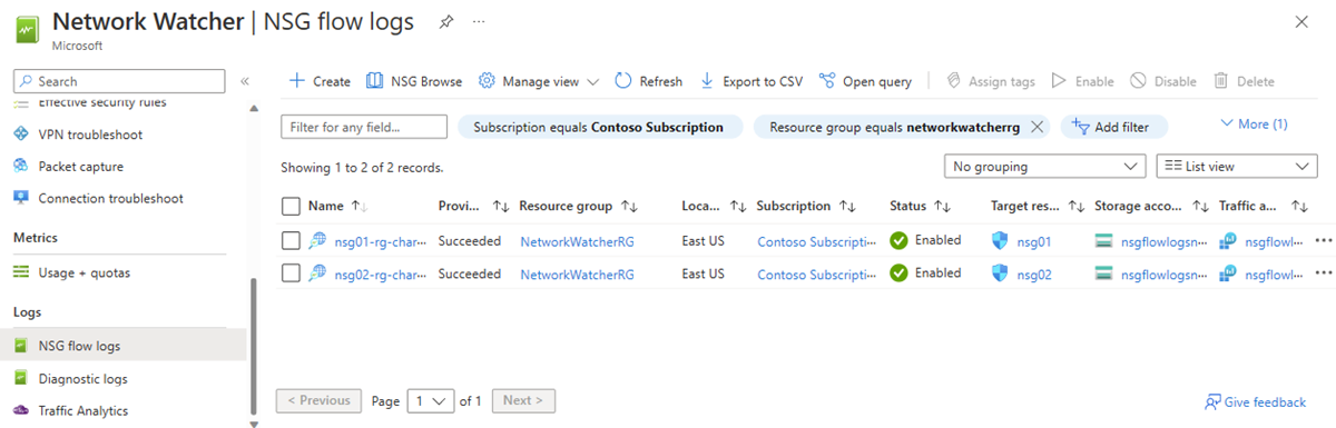 Capture d’écran montrant Network Watcher page journaux de flux NSG dans le Portail Azure.