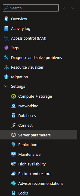 Capture d’écran de la page des paramètres du serveur PostgreSQL.