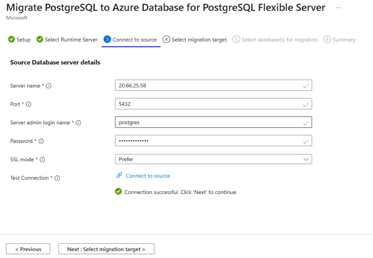 Capture d’écran de la page de connexion à la source de migration dans le portail Azure.