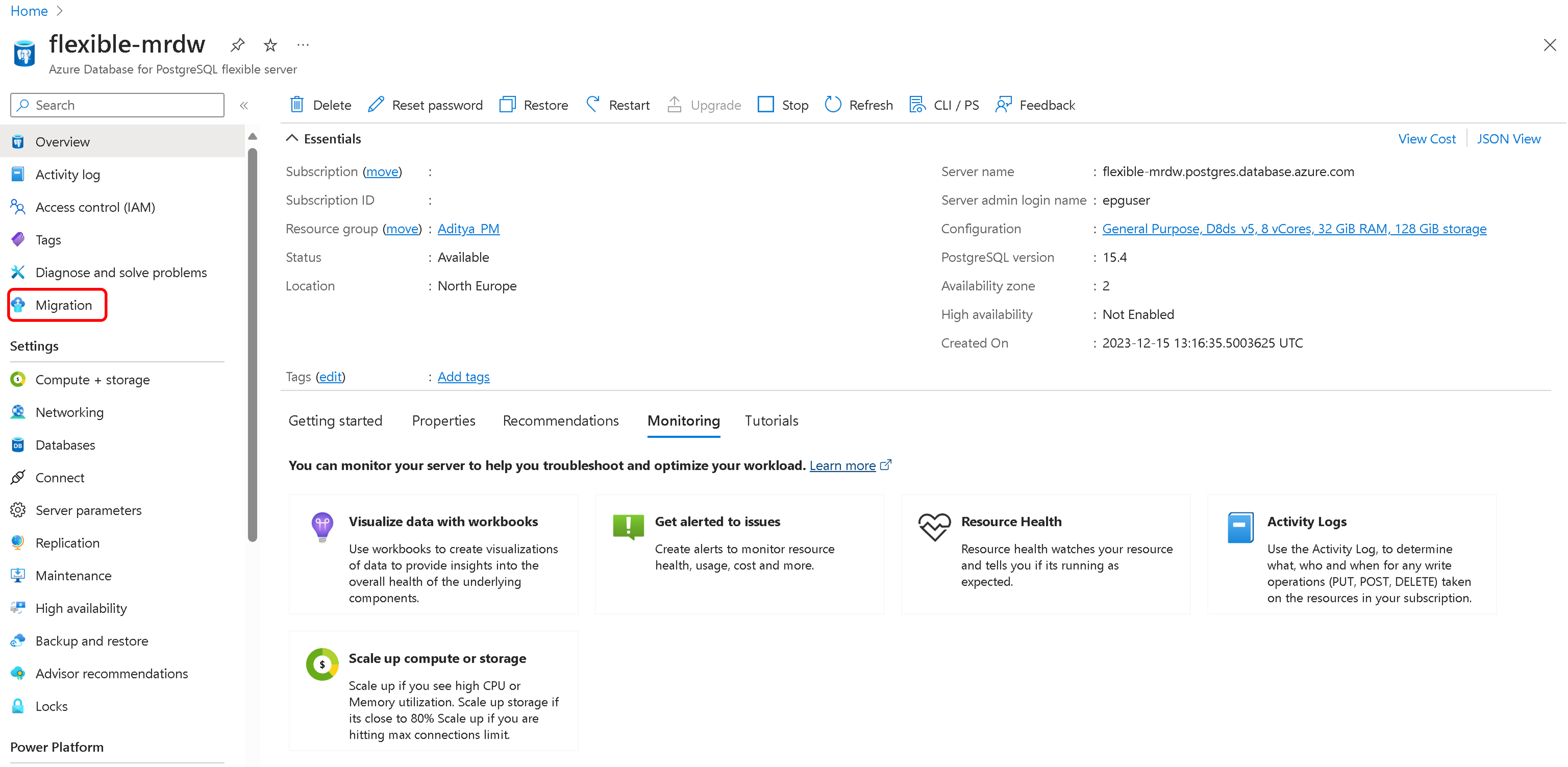 Capture d’écran de la sélection de la migration dans le portail Azure.