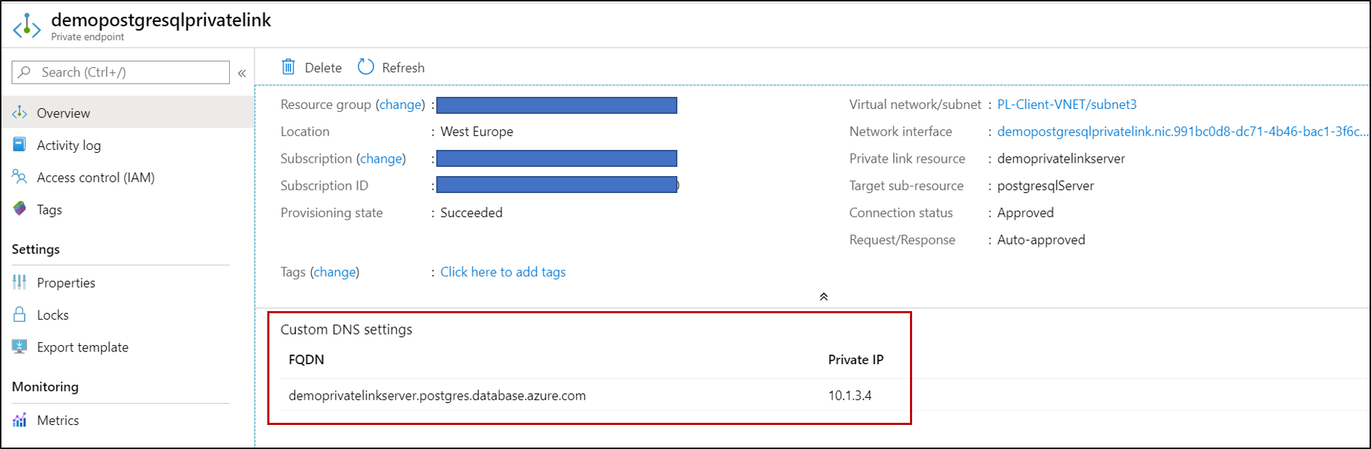 Instance Private Link créée