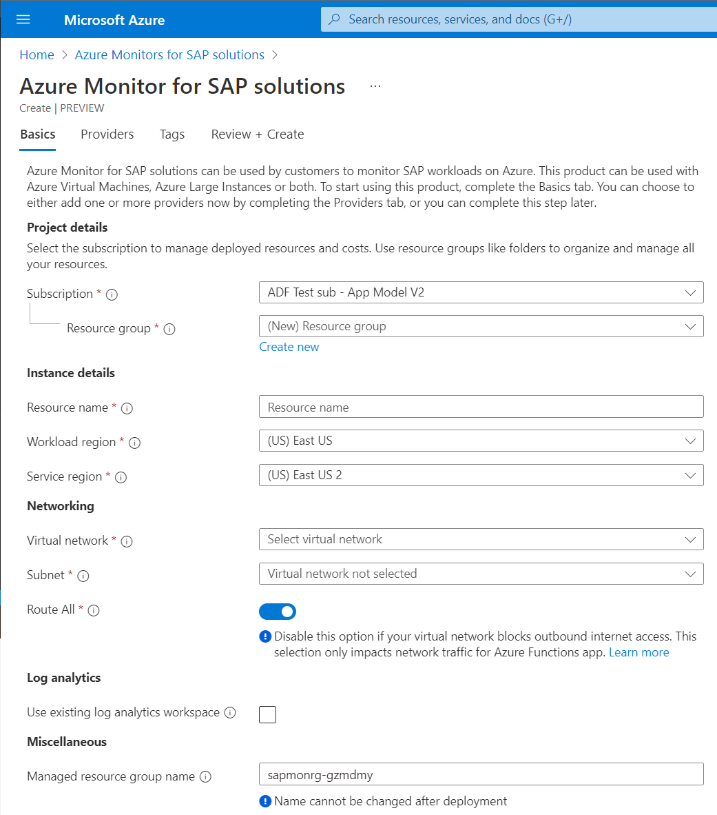 Capture d’écran montrant les principaux détails d’une instance Azure Monitor pour solutions SAP.