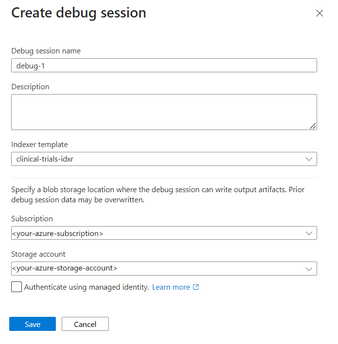 Capture d’écran de la page de définition d’une session de débogage.