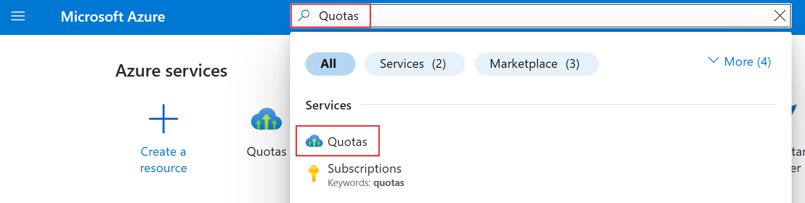 Capture d’écran du terme de recherche de quota et du service Quotas dans les résultats.
