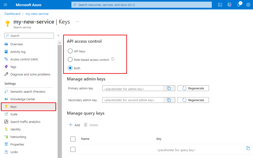 Capture d’écran de la page Clés avec les options d’authentification.