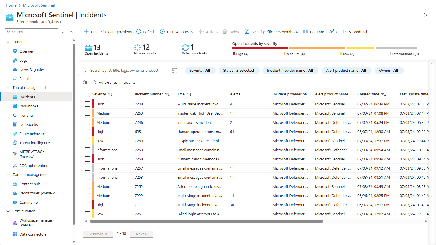 Capture d’écran de la page des incidents dans le Portail Azure.