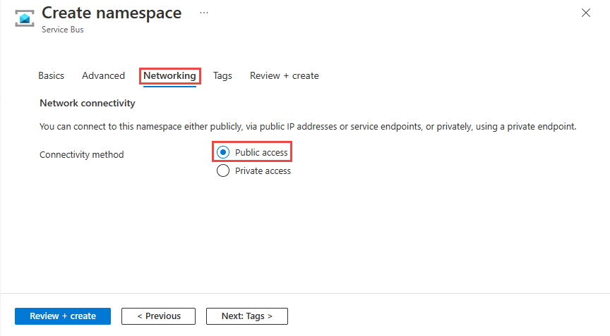 Screenshot showing the Networking page of the Create namespace wizard with Public access option selected.