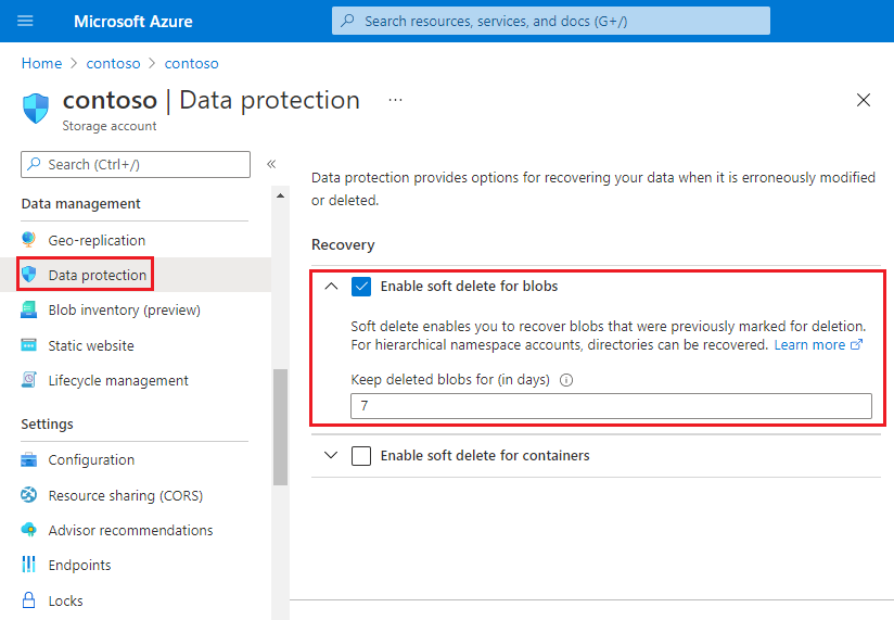 Capture d’écran montrant comment activer la suppression réversible sur le portail Azure dans les comptes qui ont un espace de noms hiérarchique.