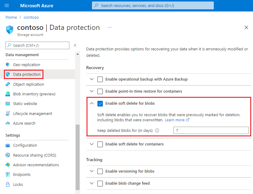 Capture d’écran représentant l’activation de la suppression réversible dans le portail Azure