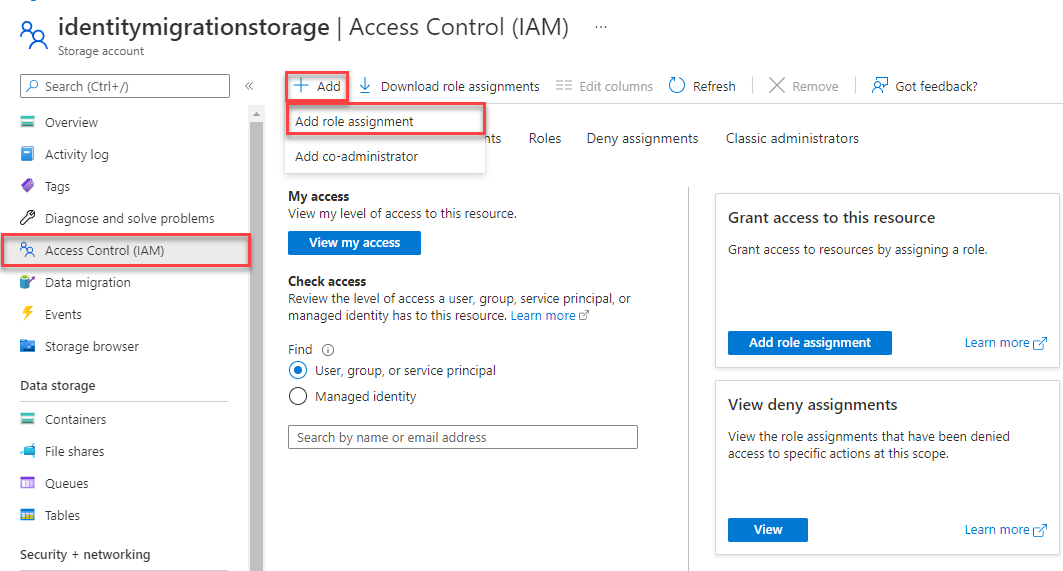 Capture d’écran montrant comment affecter un rôle de compte de stockage.