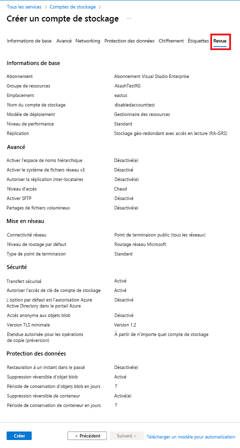 Capture d’écran montrant une configuration standard pour un nouveau compte de stockage – Onglet Vérifier